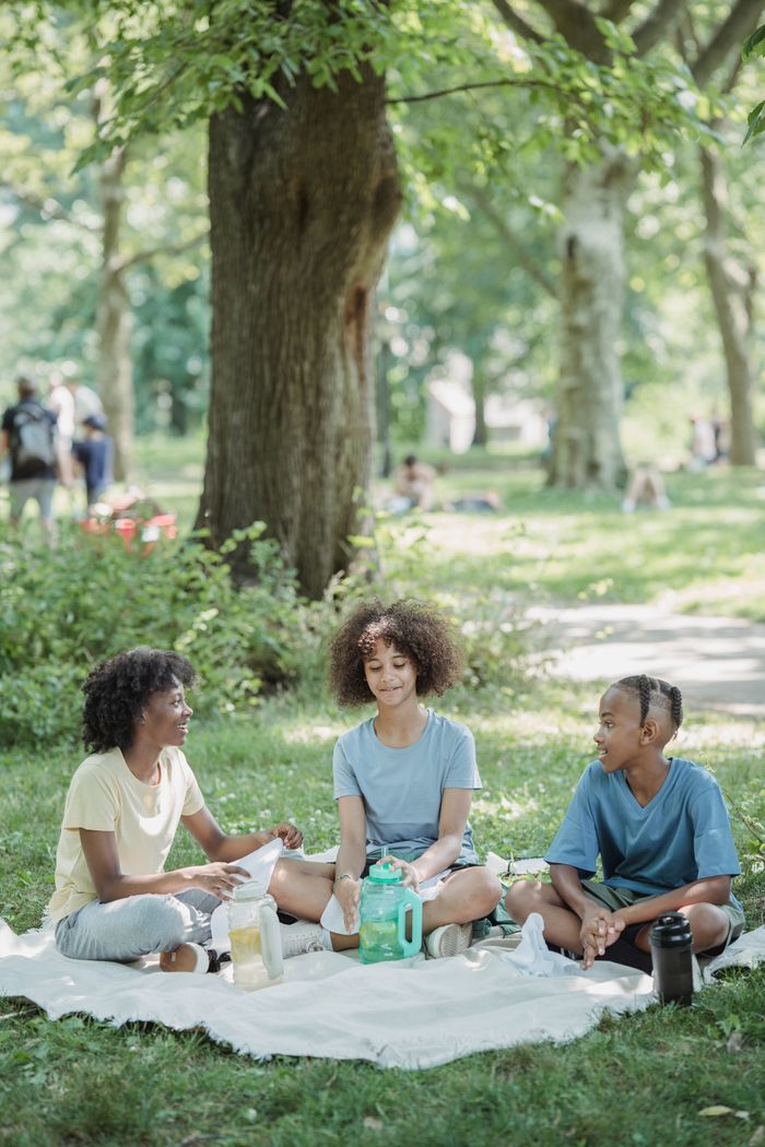 A cheerful family enjoying a picnic on a sunny day in a lush green park.